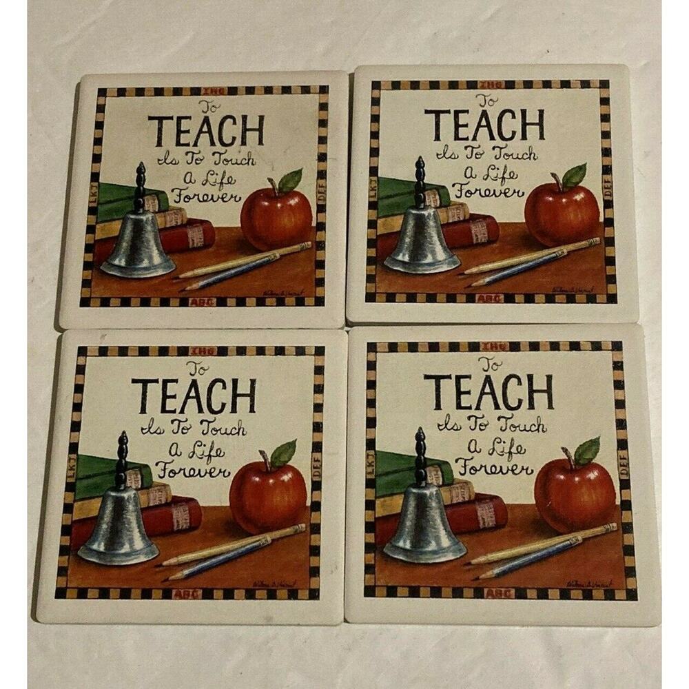Vintage Set Of 4 Ceramic TEACHER‎ coasters By Stone Art MADE IN THE USA